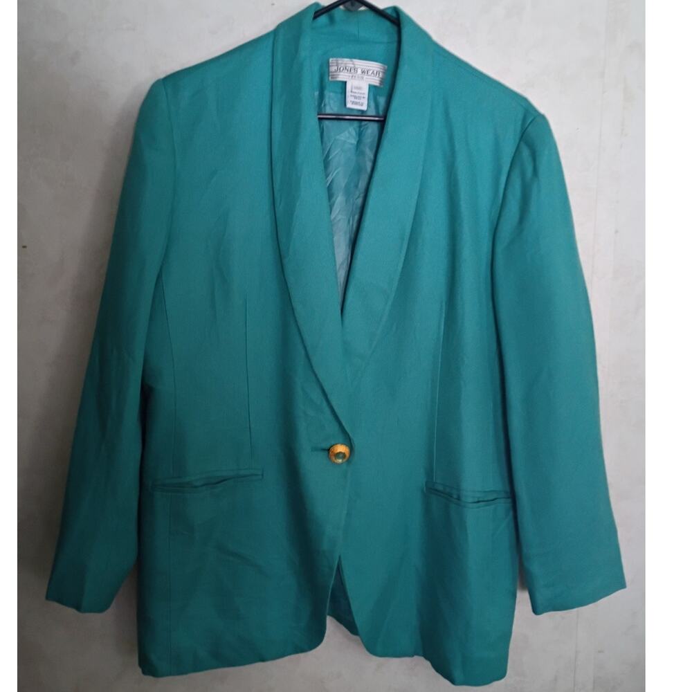 Vintage Teal Petite Blazer 14P Jeweled Button Oversized Power Dressing Made USA